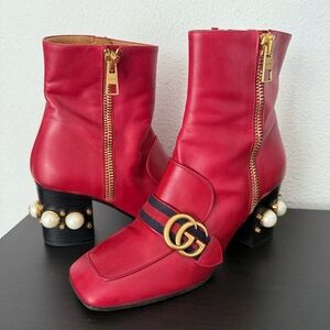GUCCI Calfskin Web Pearl Embellished Peyton Ankle Boots